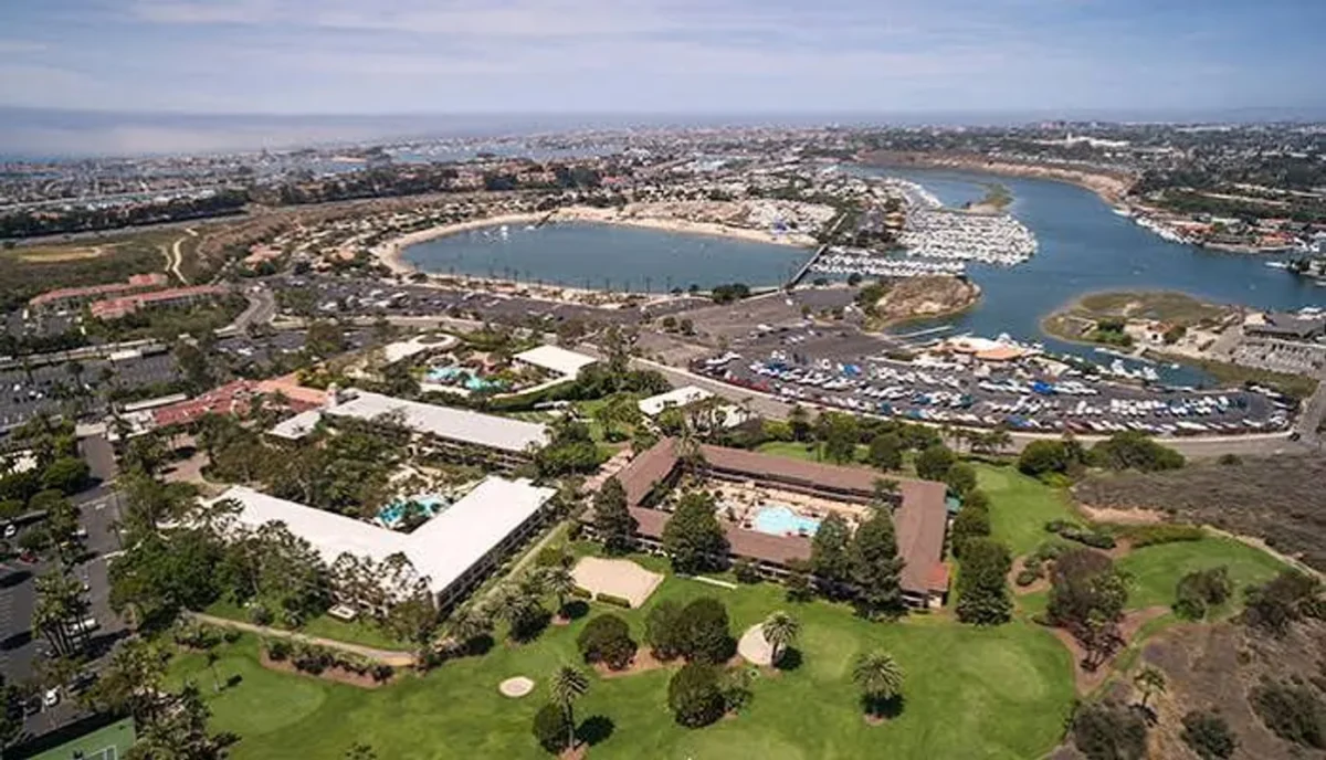 Aerial view of Hyatt Regency Newport Beach beside Newport Dunes and the Back Bay, next to the Spirit Run start and finish area
